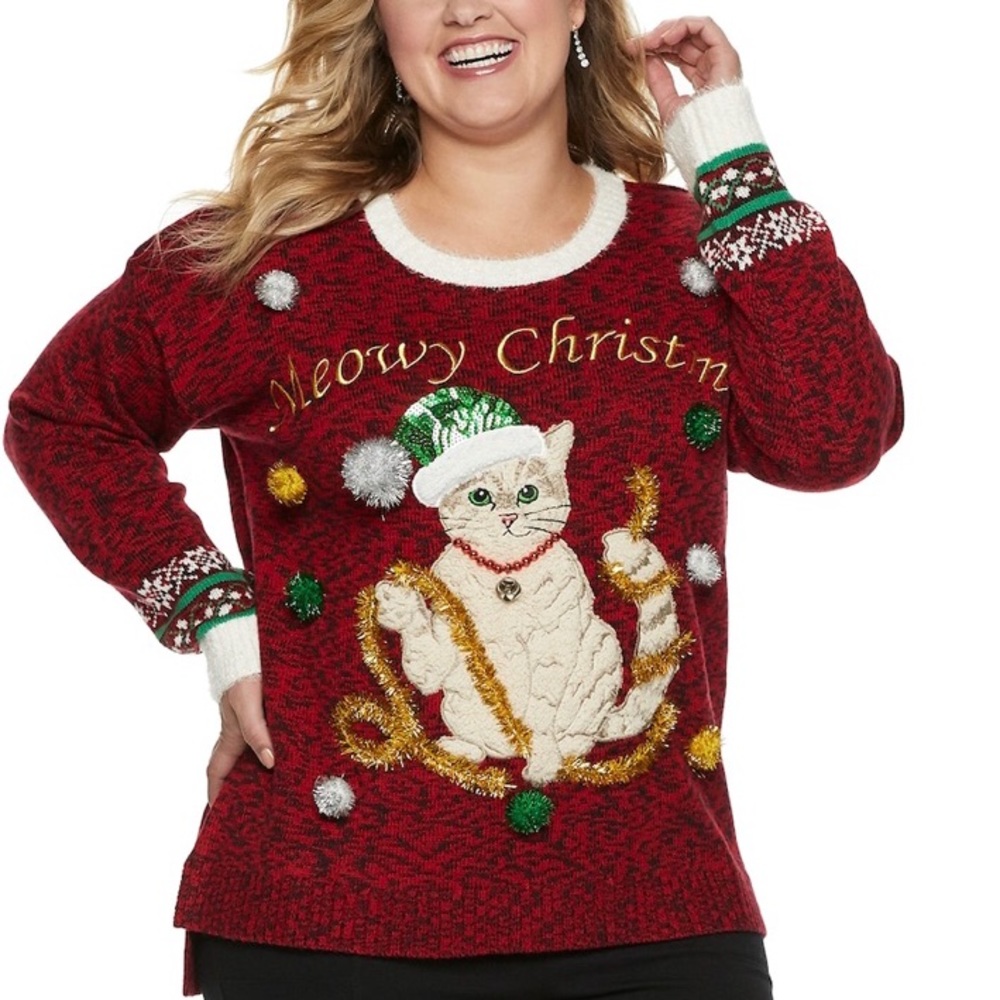 NWT Cat Marbled Red Ugly Christmas Sweater Plus OX